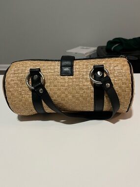 Woven Straw Barrel Handbag with Black Trim